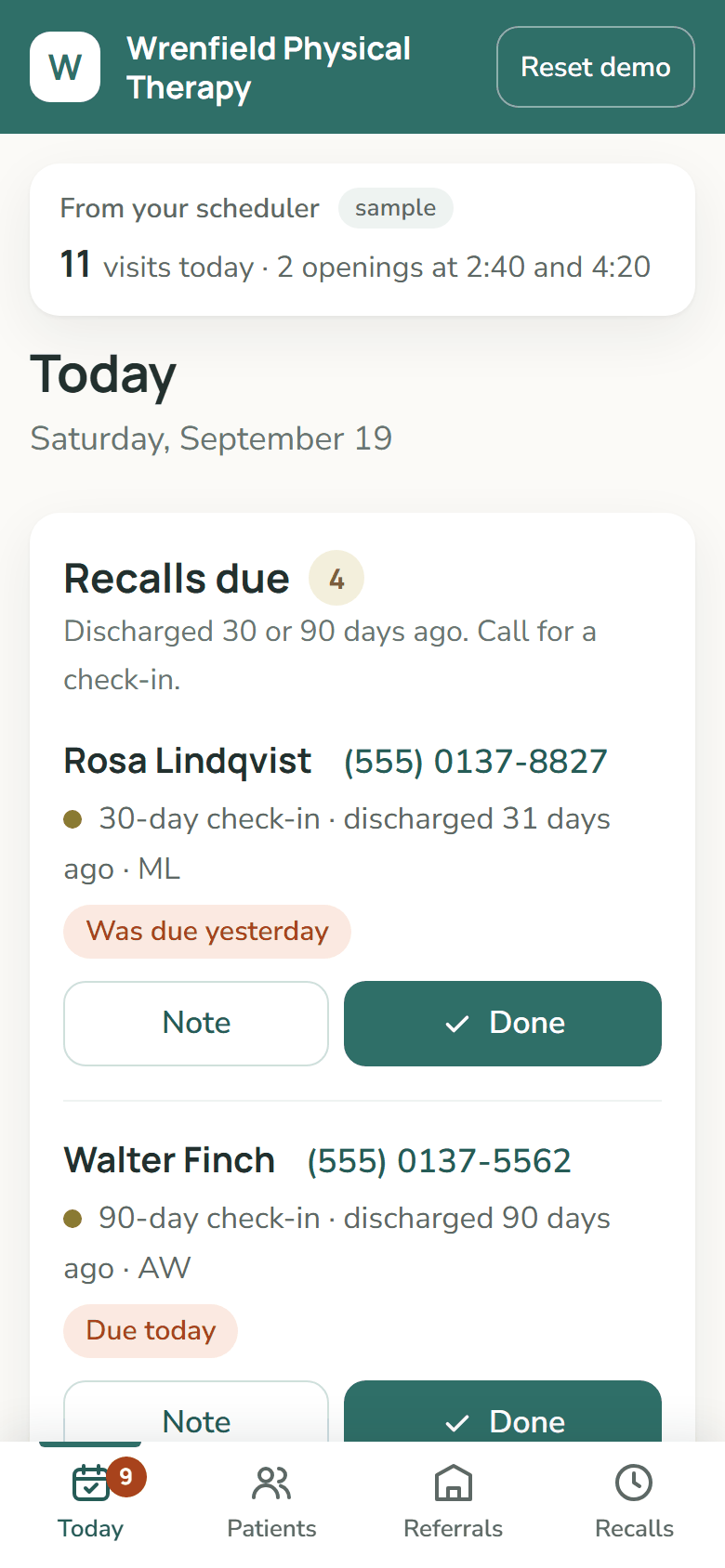 A physical therapy clinic's Today list on a phone: recalls due, no-shows to rebook, new referrals to confirm.