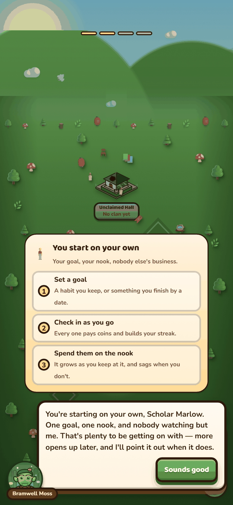 A phone app: an illustrated village with a hall in the middle, a three-step explainer over it, and a guide character speaking at the bottom.